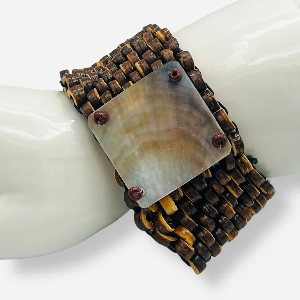 Abalone Shell Beaded Stretch‎ Bracelet Set Of 3 Black Brown Blue Gold